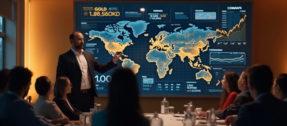 A man giving a presentation beside a world map and data charts in a conference room.