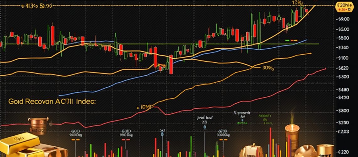 Gold price chart with candlesticks, trend lines, and gold bar images at the bottom.