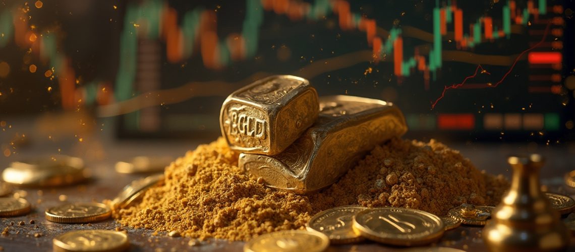 Gold bars and coins on sand with a stock market chart in the background.