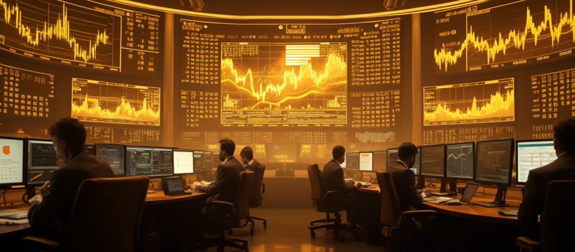 Traders at desks monitor financial data on multiple screens in a dimly-lit control room.