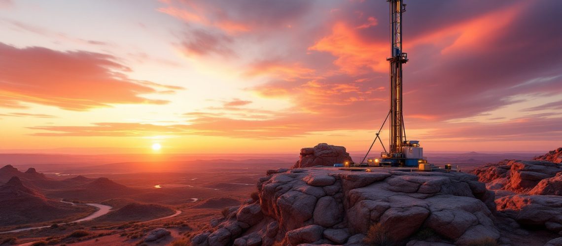 Golden Horse Mineral Chess Depositary Interests 1:1-GHM-Oil rig on a rocky landscape at sunset, with vibrant orange and purple clouds.