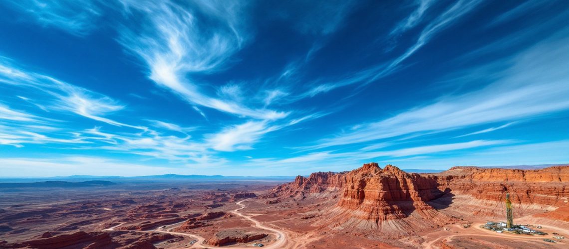 Golden Mile Resources Ltd-G88-Vast desert landscape with red rock formations beneath a bright blue sky with wispy clouds.