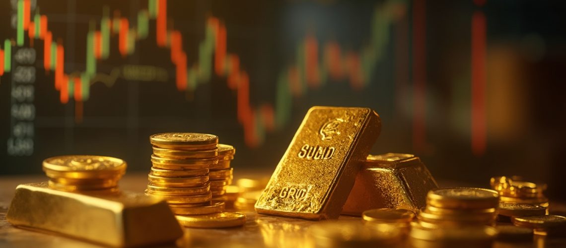 Gold bars and coins with a stock market chart in the background.