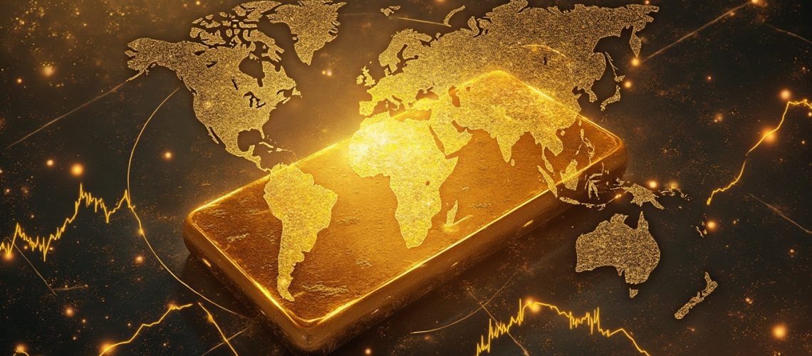 Gold bar overlaid with a golden world map and financial charts in the background.