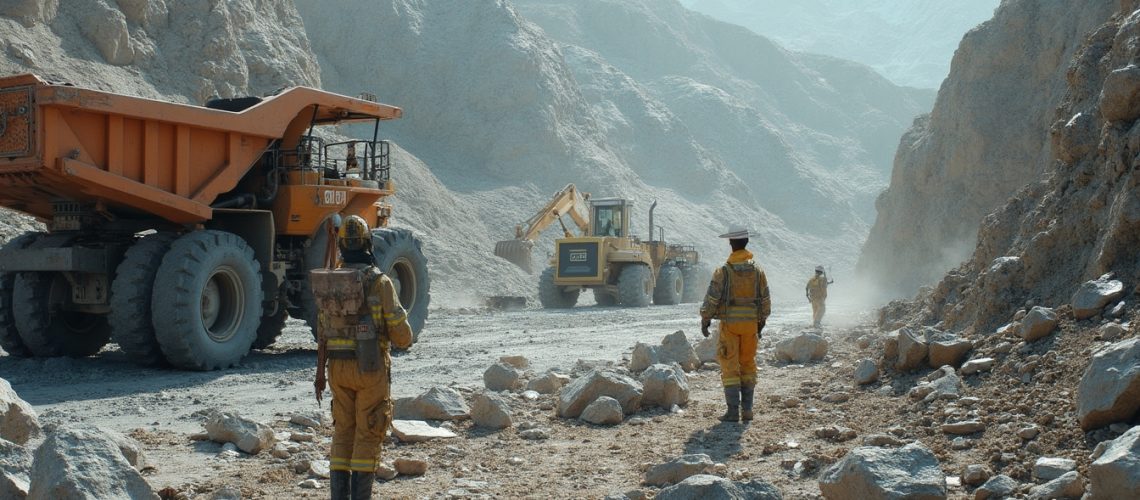 People in safety gear at a dusty mining site, with large trucks and rocky terrain.