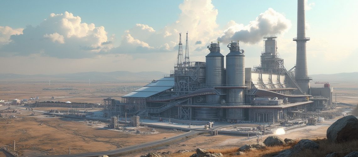 Industrial facility with smokestacks in a vast, open landscape under a cloudy sky.