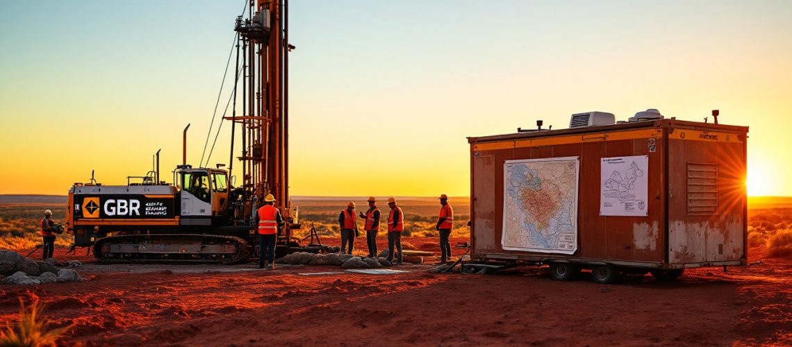 Great Boulder Resources Ltd-GBR-Drilling rig and workers in hard hats and vests at a sunset-lit construction site.