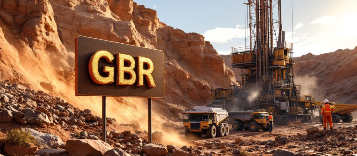 Great Boulder Resources Ltd-GBR-Desert mining scene with machinery, workers, and a "GBR" sign in rocky terrain.