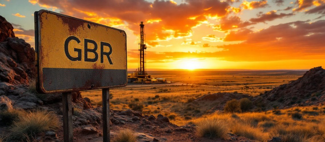 Great Boulder Resources Ltd-GBR-Rusty GBR sign with an oil rig in a desert at sunset.