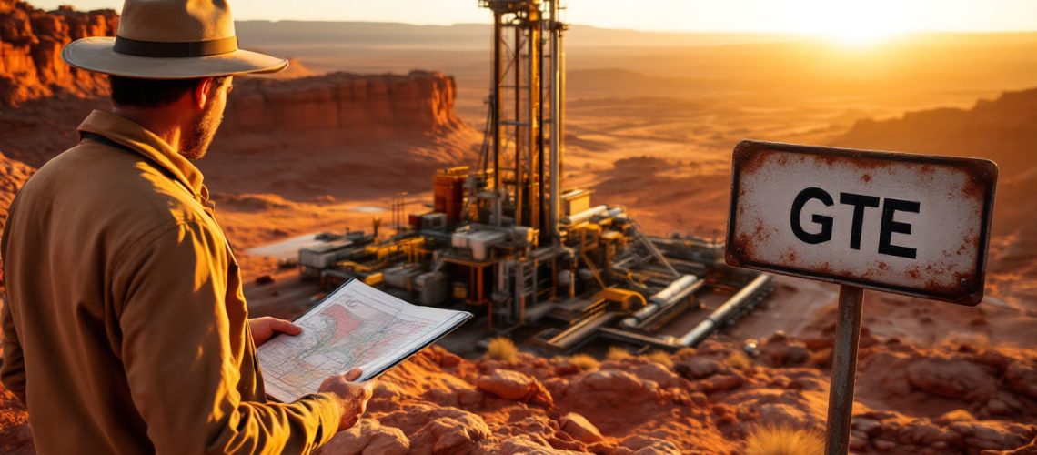 Great Western Exploration Ltd-GTE-Man in desert with map, observing machinery and "GTE" sign at sunset.