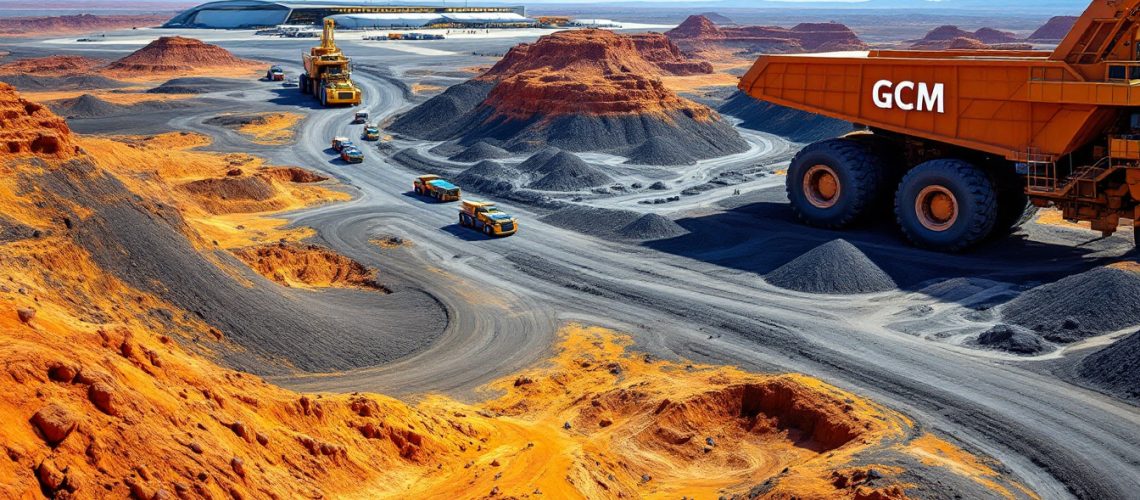 Green Critical Minerals Ltd-GCM-Heavy mining trucks operate in a vast, colorful quarry landscape with orange and gray earth formations.