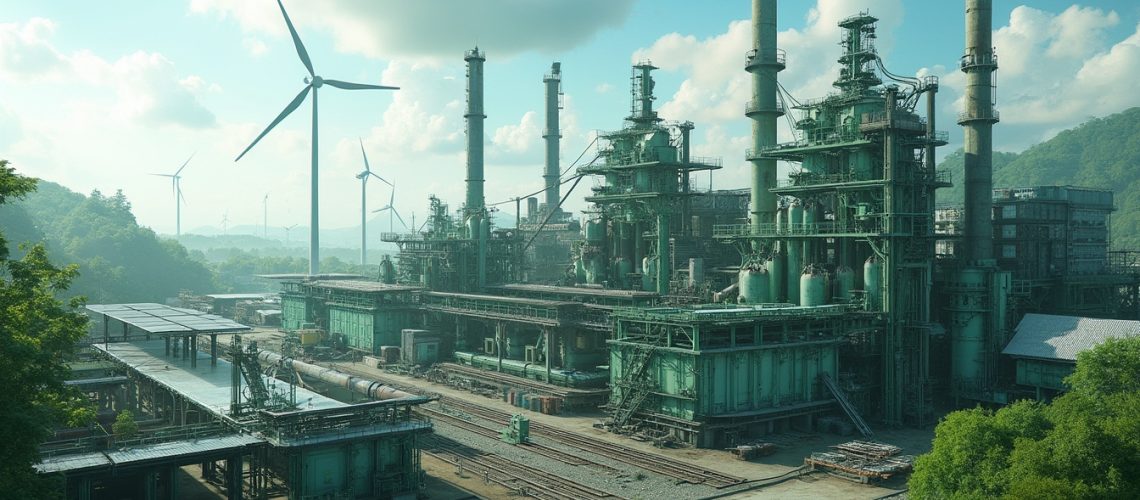 Industrial facility with tall chimneys and wind turbines in the background, surrounded by greenery.