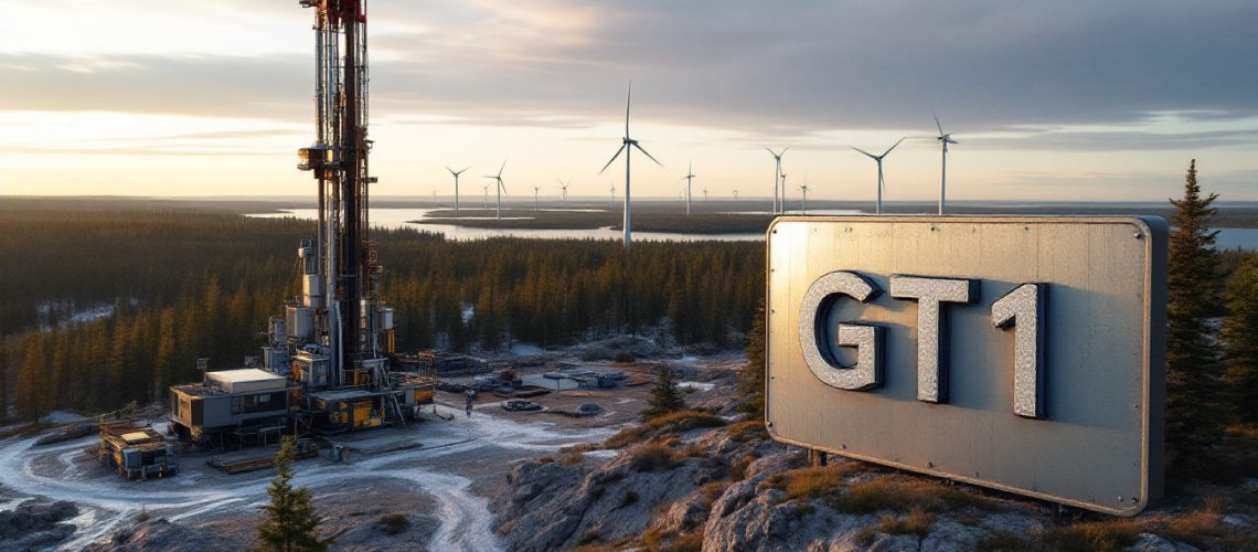 Green Technology Metals Ltd-GT1-Oil rig with "GT1" sign in the foreground, wind turbines in the background, forest landscape.