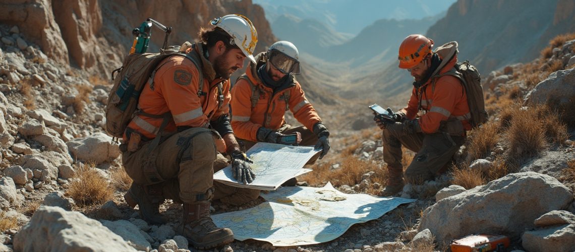 Three hikers in orange jackets study a map in rocky mountain terrain under a clear sky.