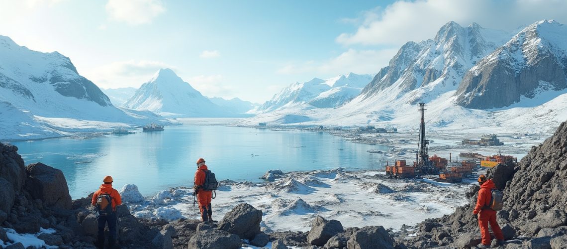 Explorers in orange gear stand on snow-covered rocks, overlooking a remote arctic landscape and sea.