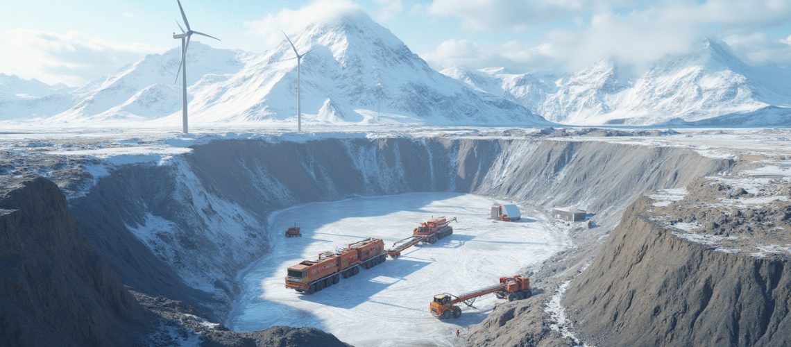 Snowy excavation site with wind turbines and orange industrial vehicles, surrounded by mountains.