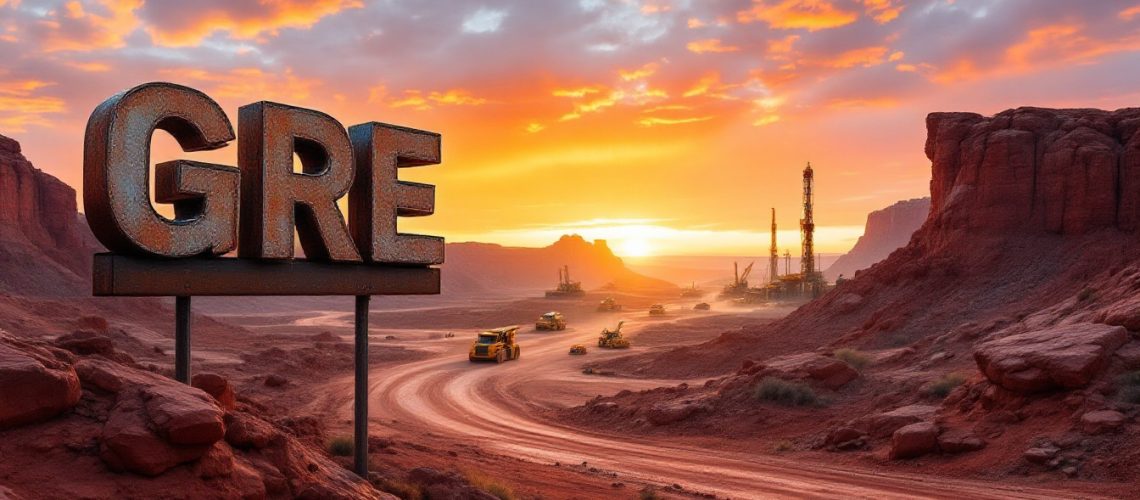 Greentech Metals Ltd-GRE-Sunset over a desert landscape with large "GRE" letters and construction in the background.