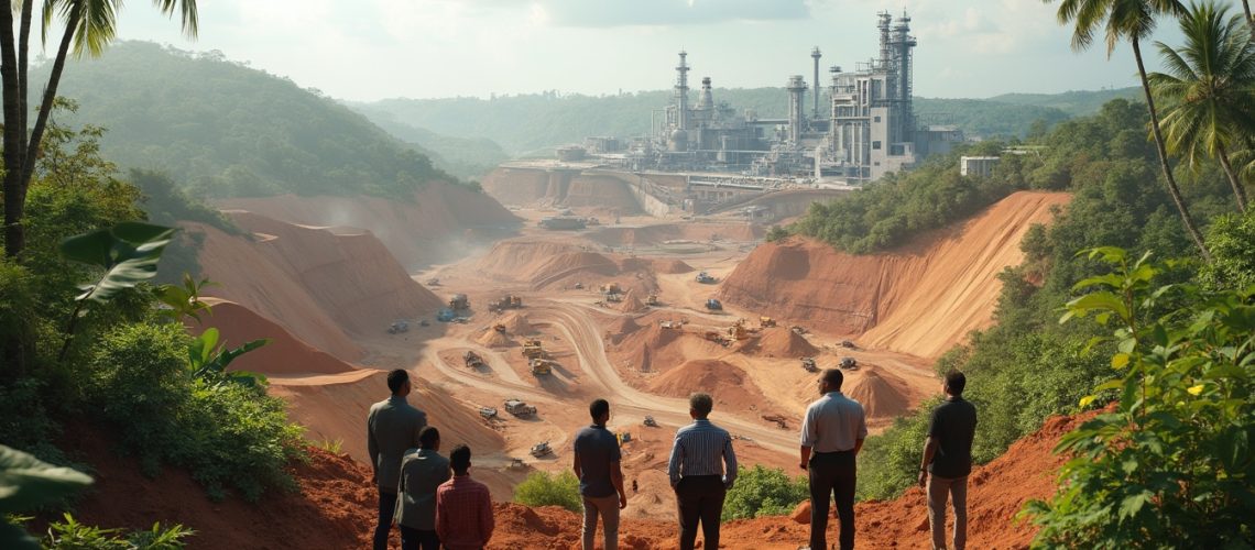 Seven people overlook a large industrial construction site surrounded by lush green hills.