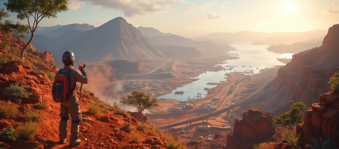 Explorer on a rocky hill admires a vast valley with a river at sunset.