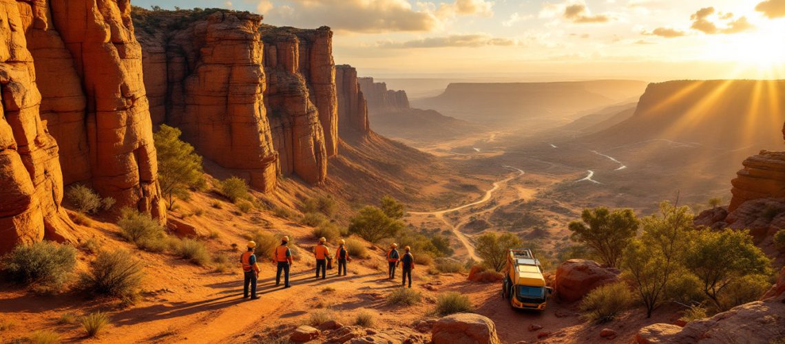 Hamelin Gold Ltd-HMG-Hikers explore a sunlit canyon with towering red cliffs and a van parked nearby.