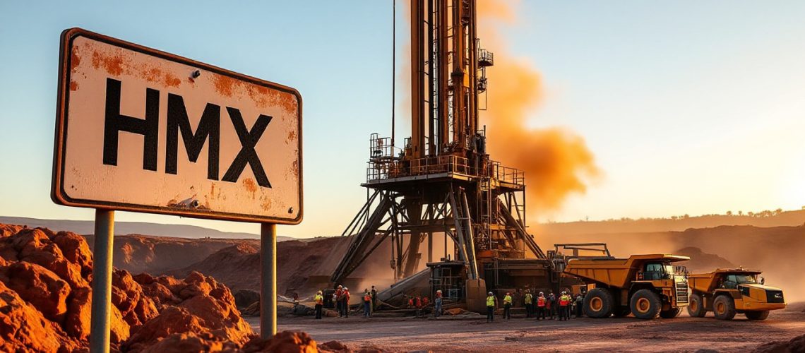 Hammer Metals Ltd-HMX-Rustic "HMX" sign by industrial site with machinery and workers at sunset.