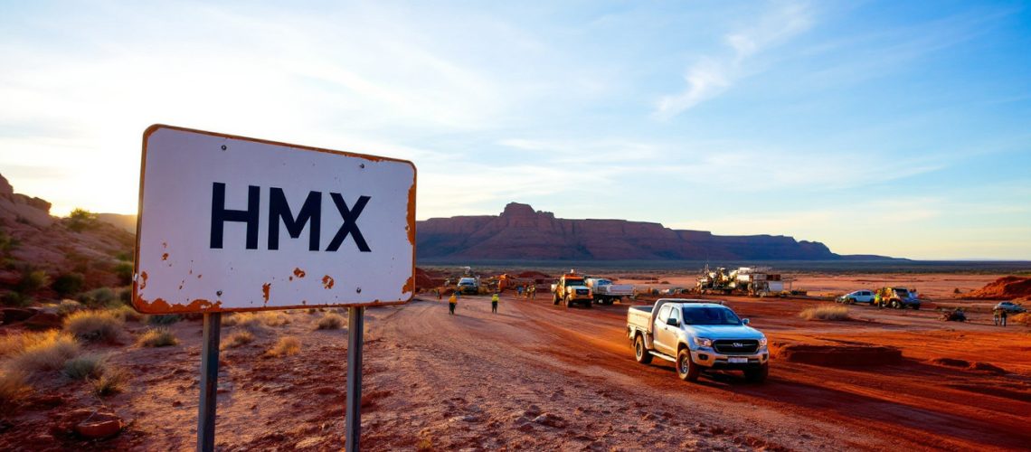 Hammer Metals Ltd-HMX-Desert landscape with "HMX" sign, trucks, and people on a dirt road at sunset.