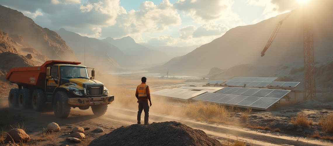 Worker and truck near solar panels in a rugged, sunlit landscape under a cloudy sky.