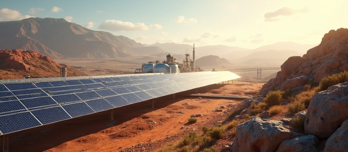 Solar panels in desert landscape, morning.