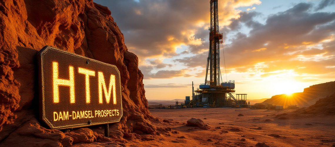 High-Tech Metals Ltd-HTM-Sunset over an industrial drilling rig in a rocky desert with a sign saying "HTM Dam-Damsel Prospects."