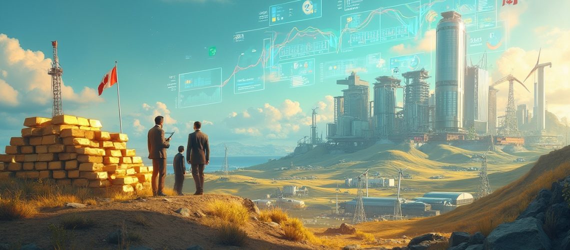 Three people stand before a futuristic industrial landscape with digital charts in the sky.