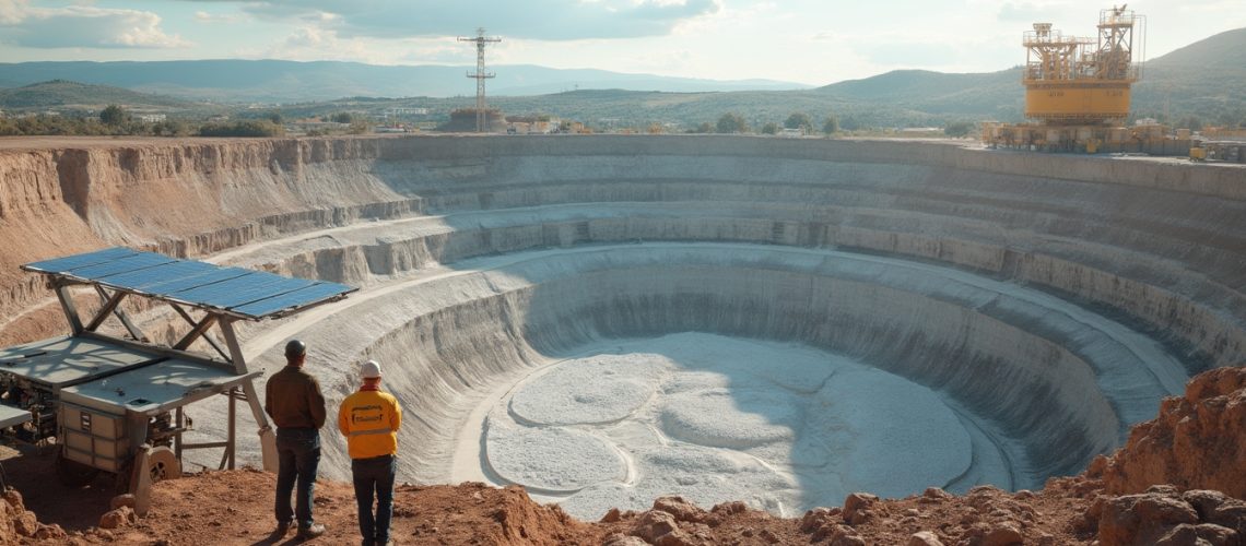 Two people observe a large, circular open-pit mine under a cloudy sky with distant mountains.