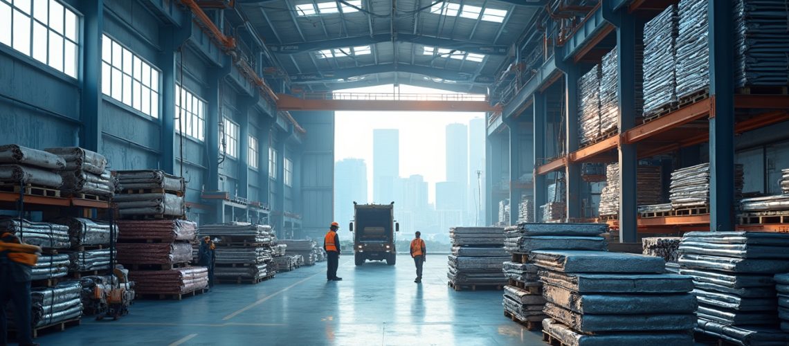 Workers and truck inside a large warehouse full of stacked metal sheets.