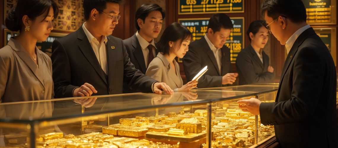 People examining gold bars and jewelry in a well-lit display case at a store.