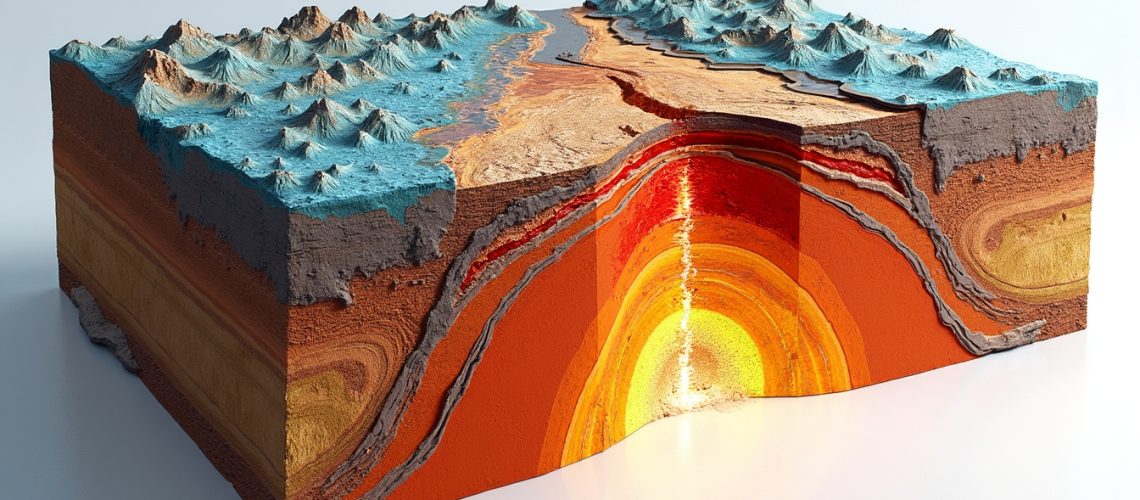 Cross-section of Earth's layers, showing mountains, crust, mantle, and glowing core.