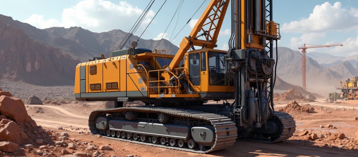 Large yellow construction drill in a rocky desert landscape with mountains in the background.