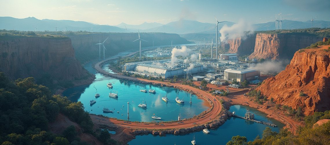 Industrial facility with wind turbines by a winding river in a canyon, boats on the calm water.