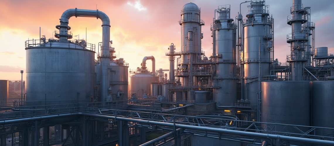 Industrial refinery with metal towers and pipes at sunset, under a partly cloudy sky.