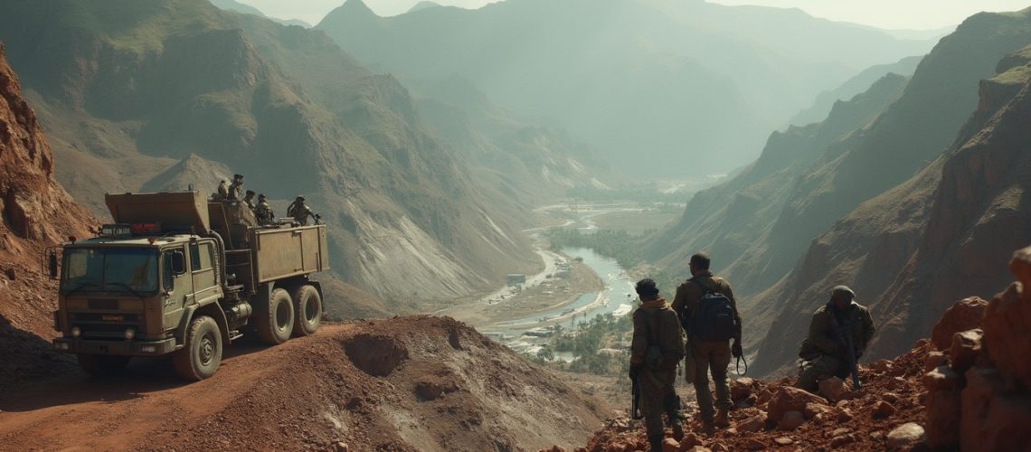 Military truck and soldiers in rugged mountain terrain, overlooking a winding valley road.