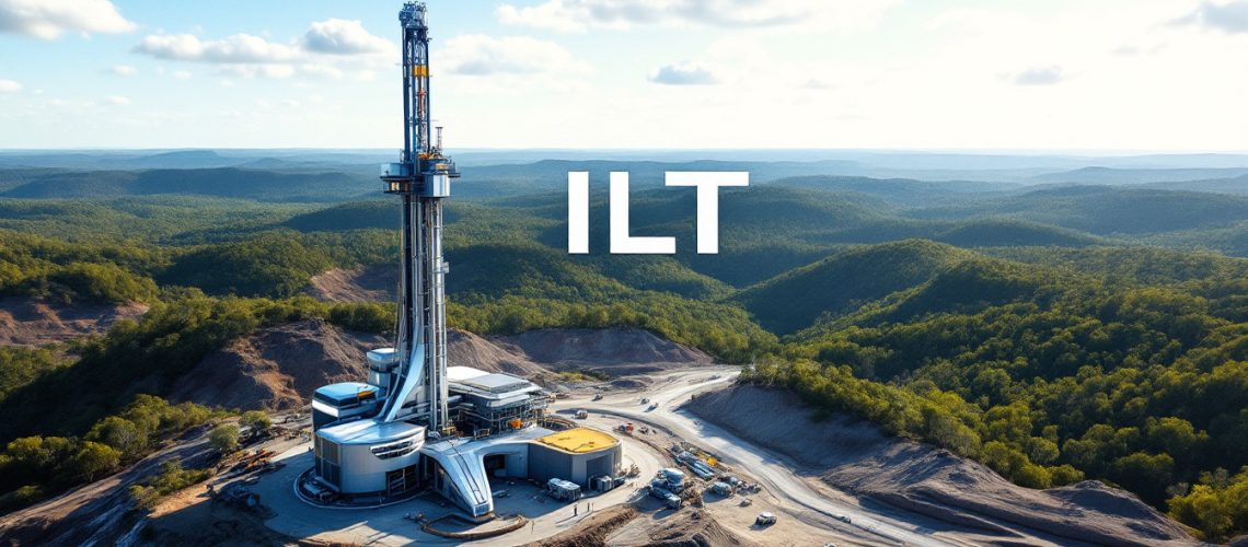 Iltani Resources Ltd-ILT-A futuristic drilling rig stands amidst forested hills under a clear blue sky.