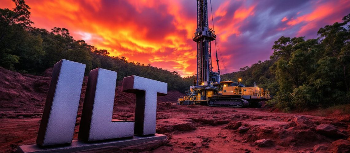 Iltani Resources Ltd-ILT-Sunset behind a large mechanical drill and ILT letters on red soil surrounded by trees.