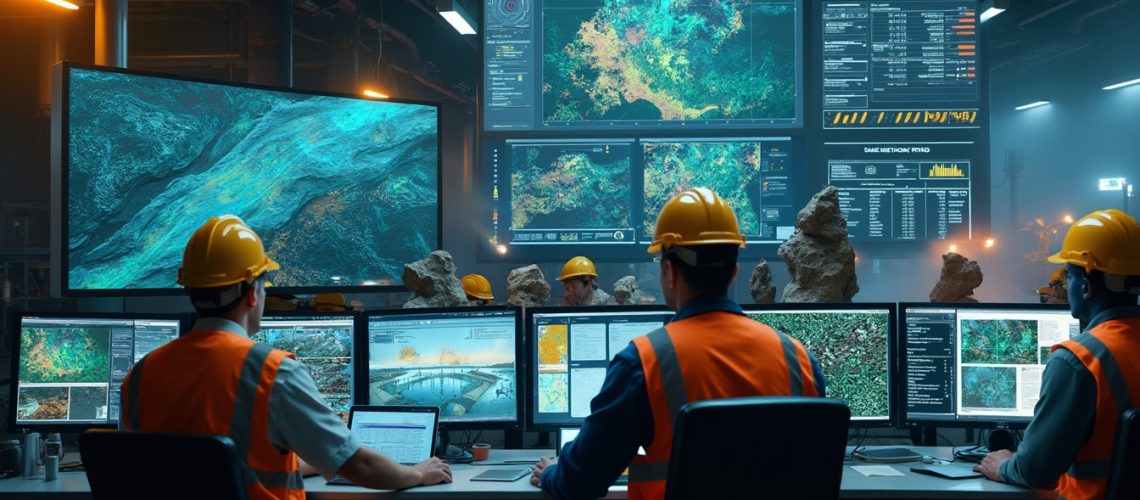 Workers in hard hats and vests analyze mining data on multiple monitors in a control room.