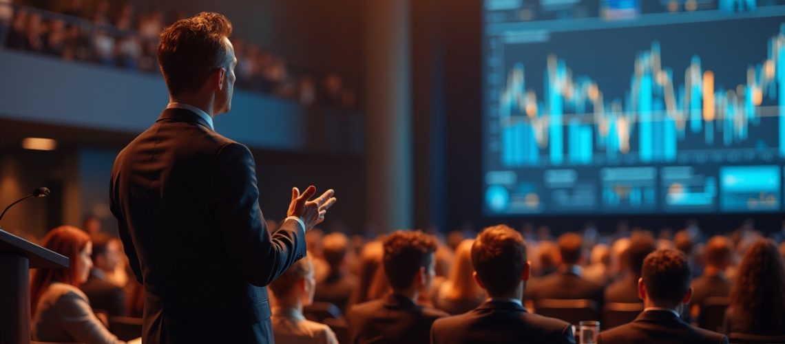 A presenter in a suit speaks to an audience, with a large screen displaying data graphs.