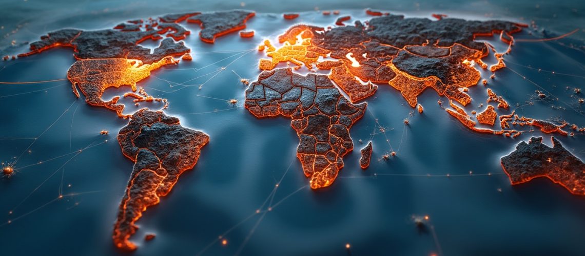 Glowing world map with network connections illuminated in orange on a blue background.