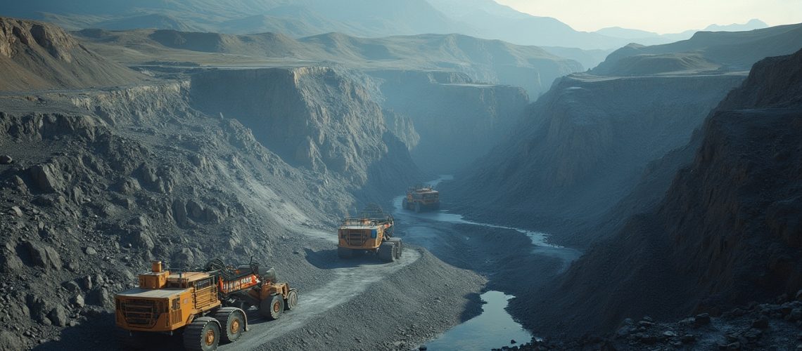 Mining trucks in steep, rocky landscape.