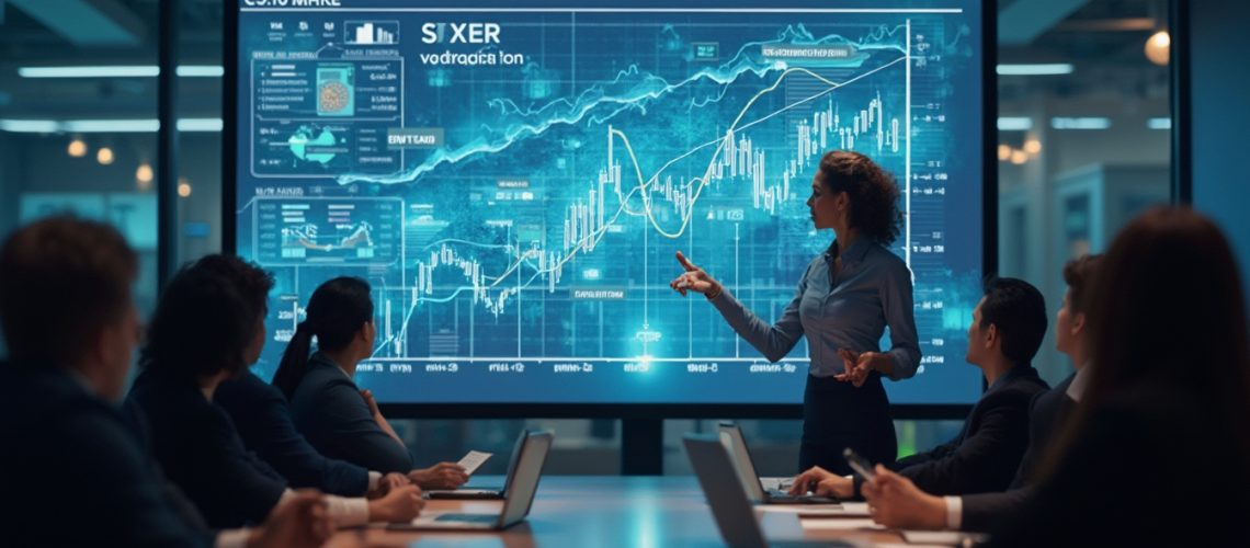 Businesswoman presenting data to colleagues in a conference room with a digital chart display.