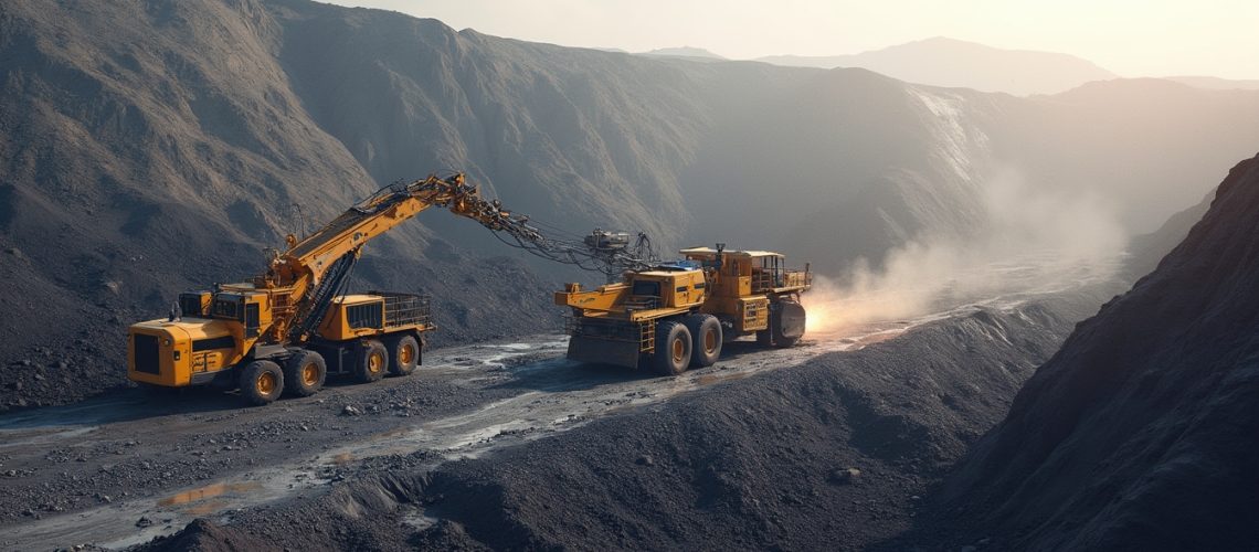 Two large yellow mining vehicles on a dusty road between rugged, rocky cliffs under a hazy sky.