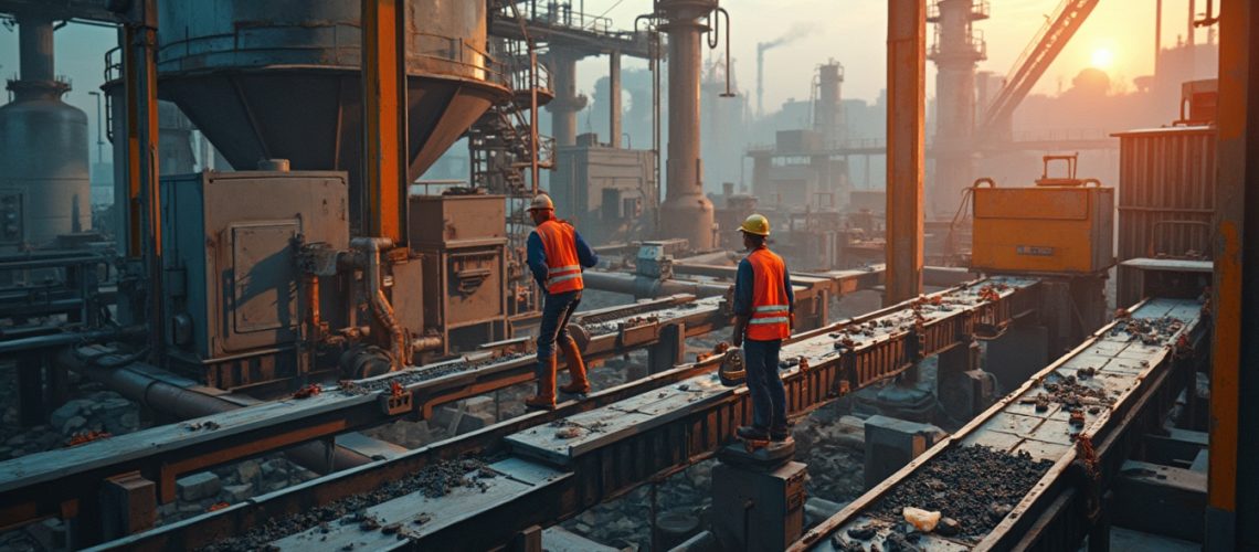 Two workers in safety gear at an industrial plant during sunrise.