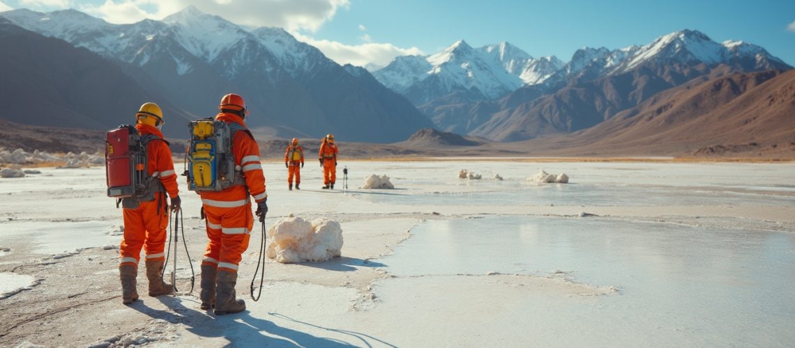 Expedition team in orange suits explores a frozen landscape with snowy mountains in the background.