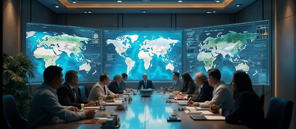 People in a conference room with world maps displayed on large screens.