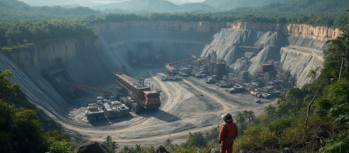 Person in orange suit stands overlooking a large mining pit surrounded by lush green hills.